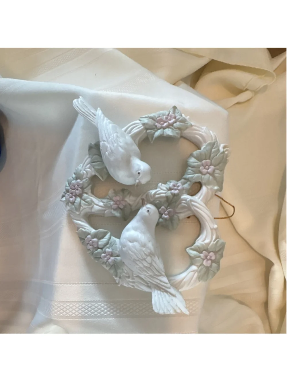 Ceramic Heart Shaped Dove Figurine Hand Painted Floral Design Matte Finish